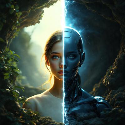 The primary subject of the image is a woman with a robotic face. She is standing in front of a backdrop of a forest, with a mix of green and blue colors. The visual style of the image is digital art, and the overall atmosphere is somewhat eerie and mysterious.